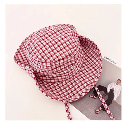 Ins Retro Red Plaid Big Brim Bucket Hat