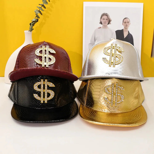 Crocodile Pattern Gold Dollar Sign Flat Brim Hip Hop Baseball Hat