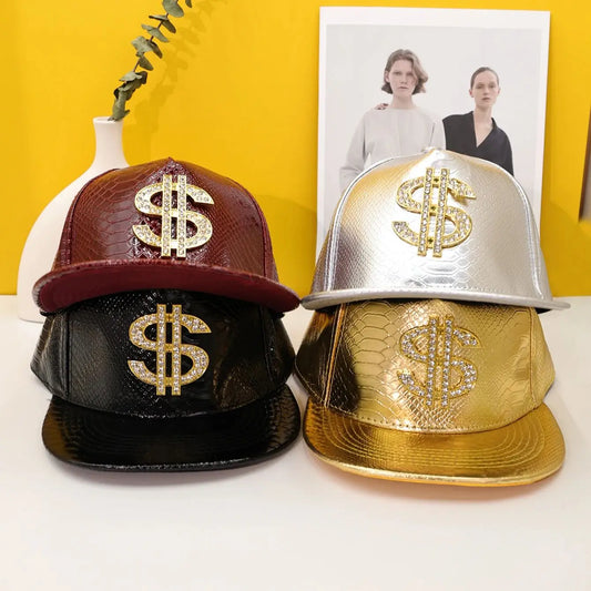 Crocodile Pattern Gold Dollar Sign Flat Brim Hip Hop Baseball Hat