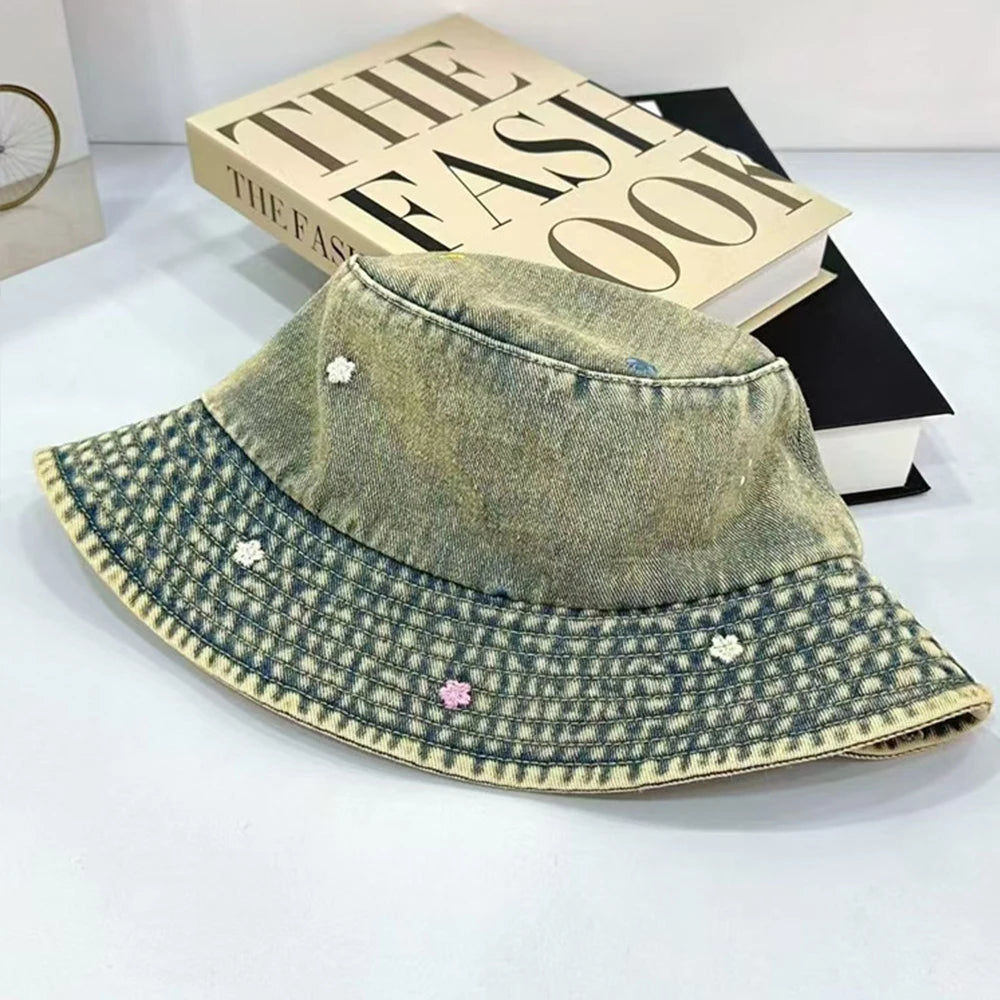 Korean Four Season Denim Flower Embroidered Bucket Hat