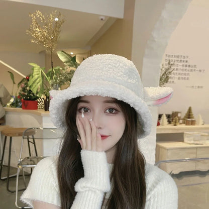 Vintage Winter Sheep Ear Plush Bucket Hat Women Warm Fisherman Cap