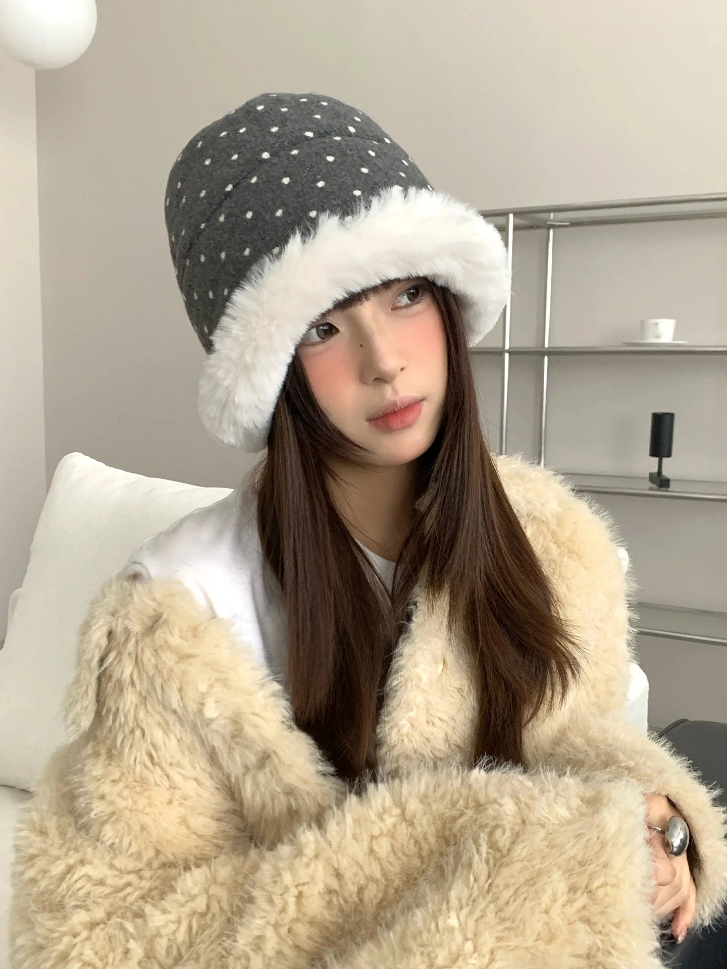 Winter Polka Dot Plush Bucket Hat