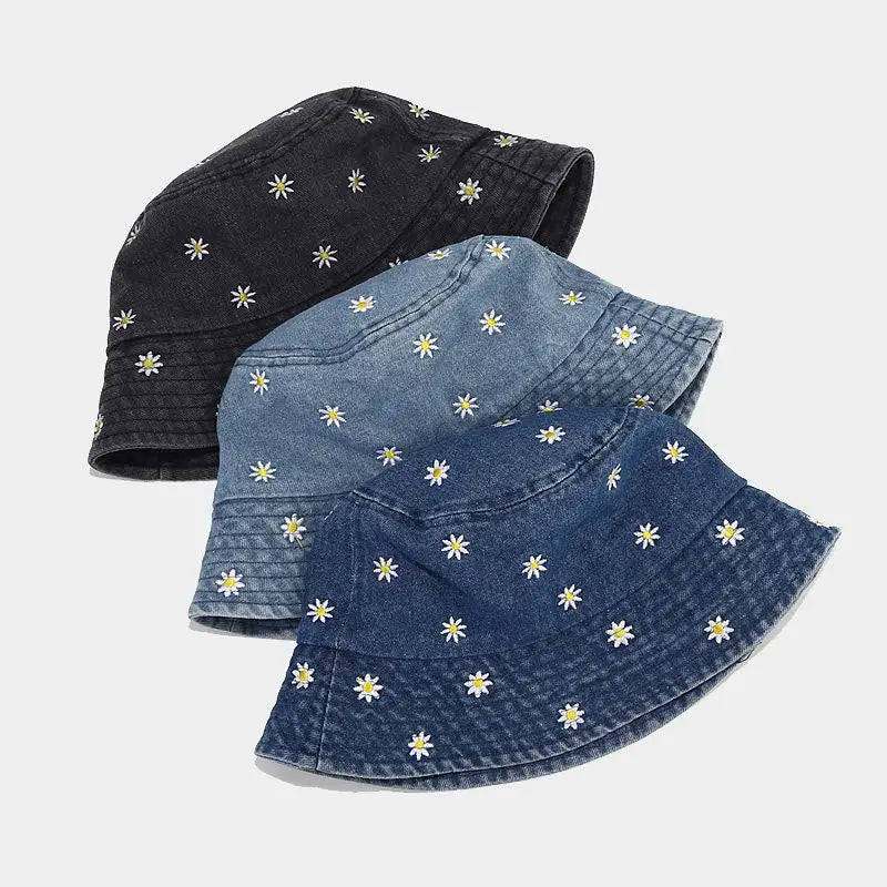 Denim Flower Embroidery Travel Bucket Hat