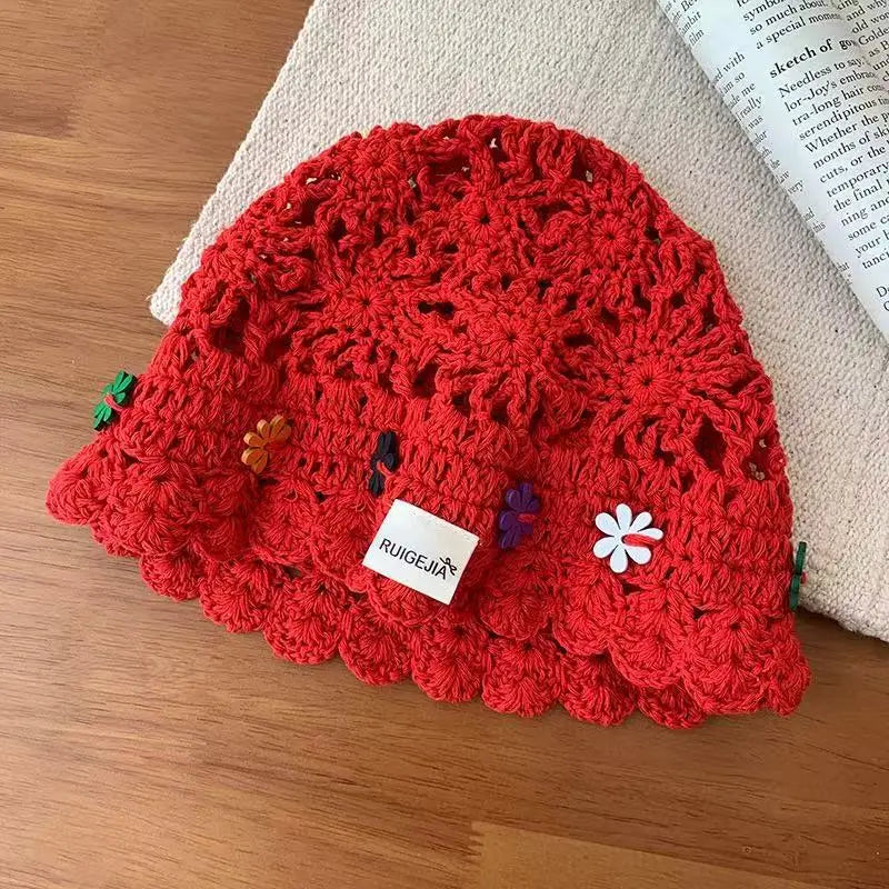 Korean Handmade Flower Hollow Knitted Bucket Hat