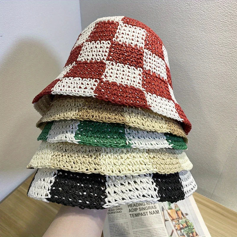 Korean Checkerboard Woven Straw Bucket Hat