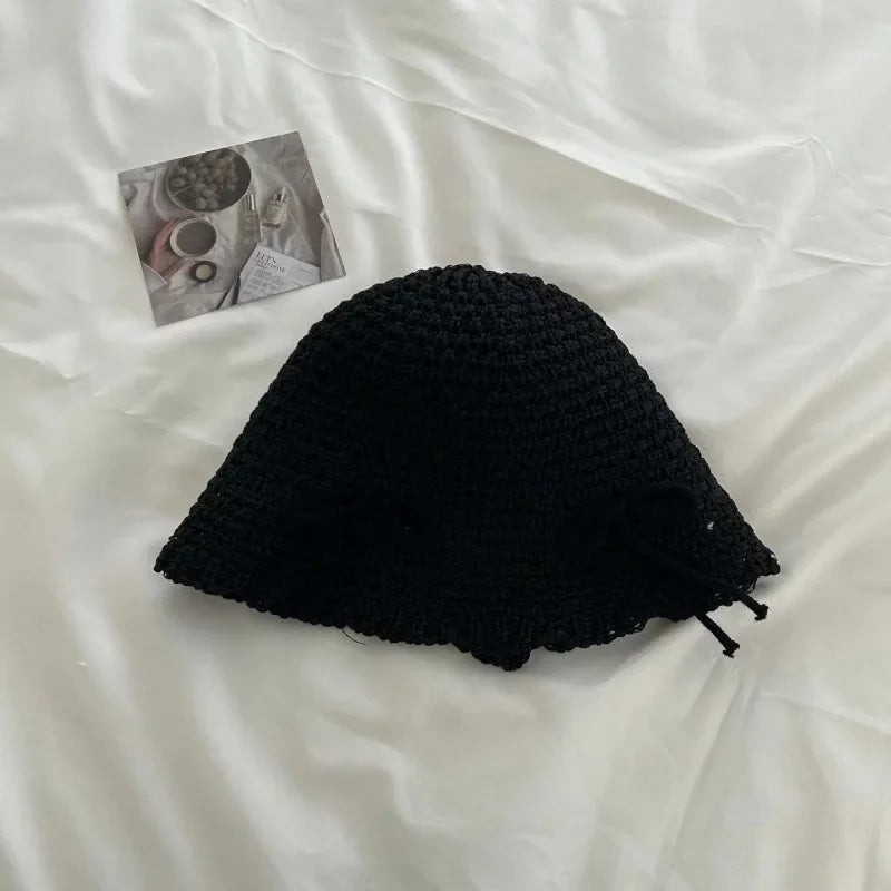 Korean Ins Bow Sweet Straw Summer Bucket Hat