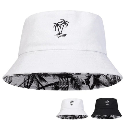Unisex Coconut Tree Embroidery Double Sided Wearing Bucket Hats