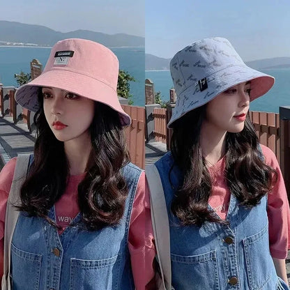 Reversible Korean Letter Print Summer Women Bucket Hat