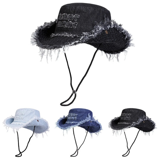 Unisex Letter Embroidered Washed Denim Fisherman Hat – Trendy Summer Travel Cap