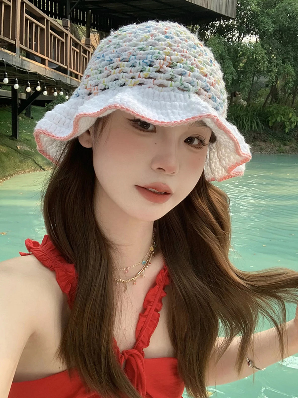 Graceful Lace Colorful Hook Flower Plush Bucket Hat