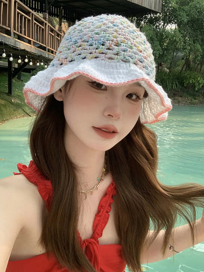 Graceful Lace Colorful Hook Flower Plush Bucket Hat
