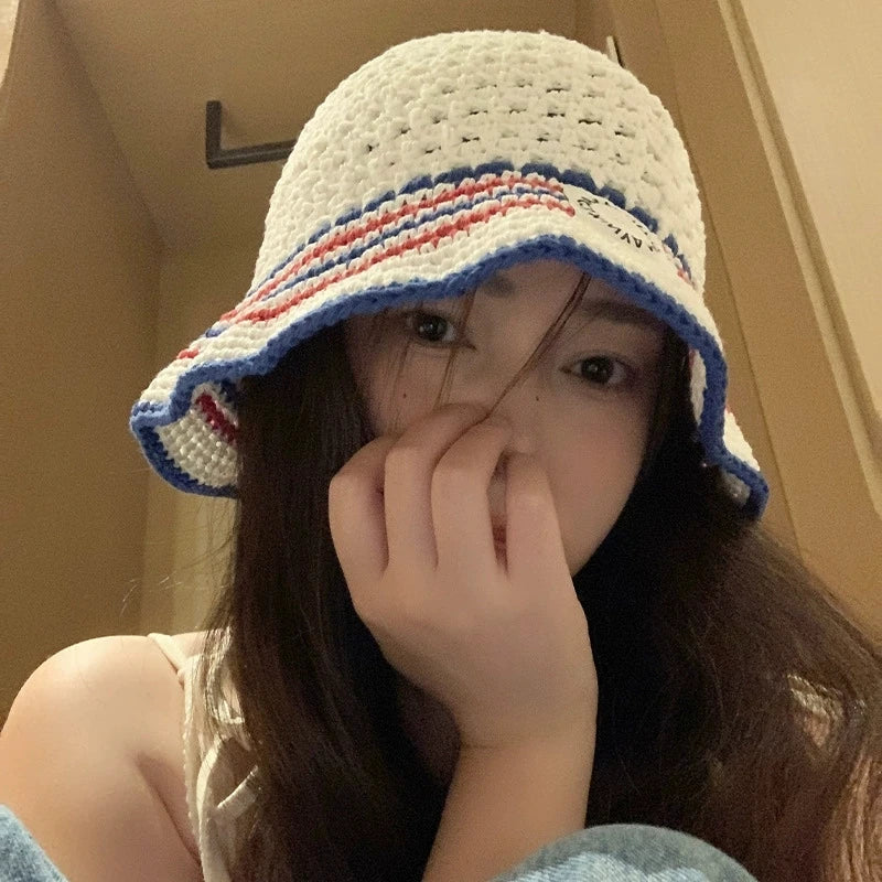 Korean Striped Breathable Summer Knitted Bucket Hat