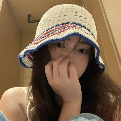 Korean Striped Breathable Summer Knitted Bucket Hat