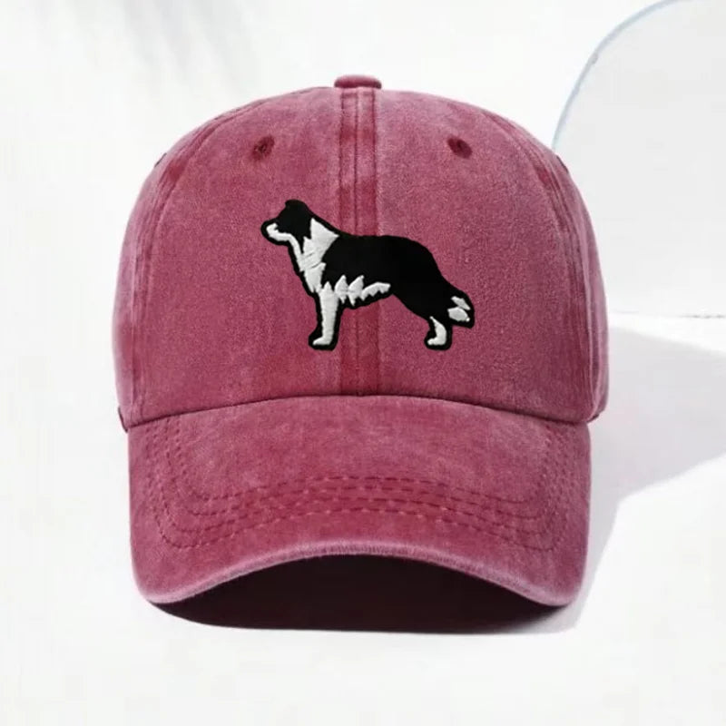 Border Collie Embroidered Washed Cotton Baseball Cap