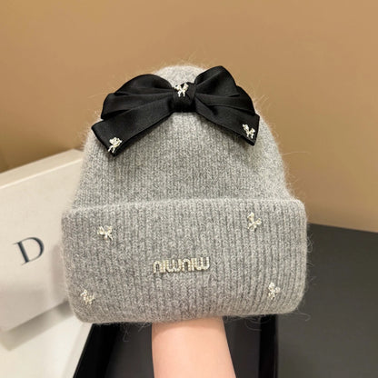 Luxury Rabbit Fur Knit Winter Beanie with Bow