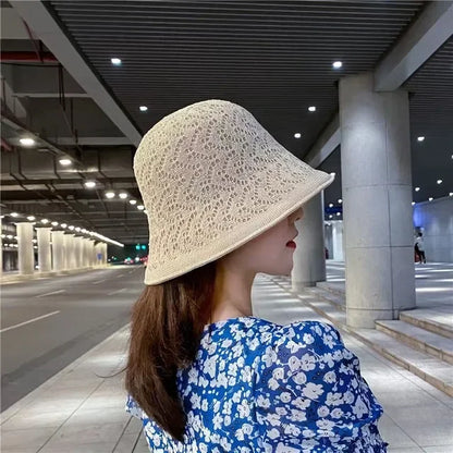 Summer Women Breathable Wide Brim Straw Bucket Hat