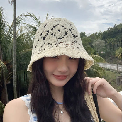Cute Beige Hollow Knit Crochet Bucket Hat