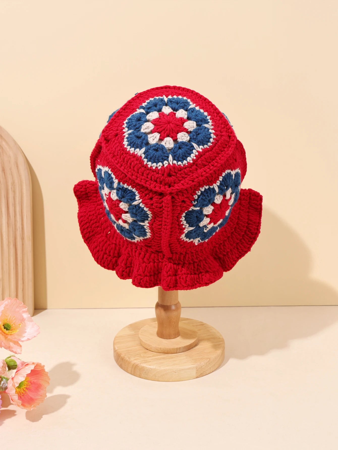 Vintage Red Crochet Floral Winter Bucket Hat