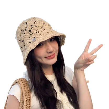 Cute Beige Hollow Knit Crochet Bucket Hat