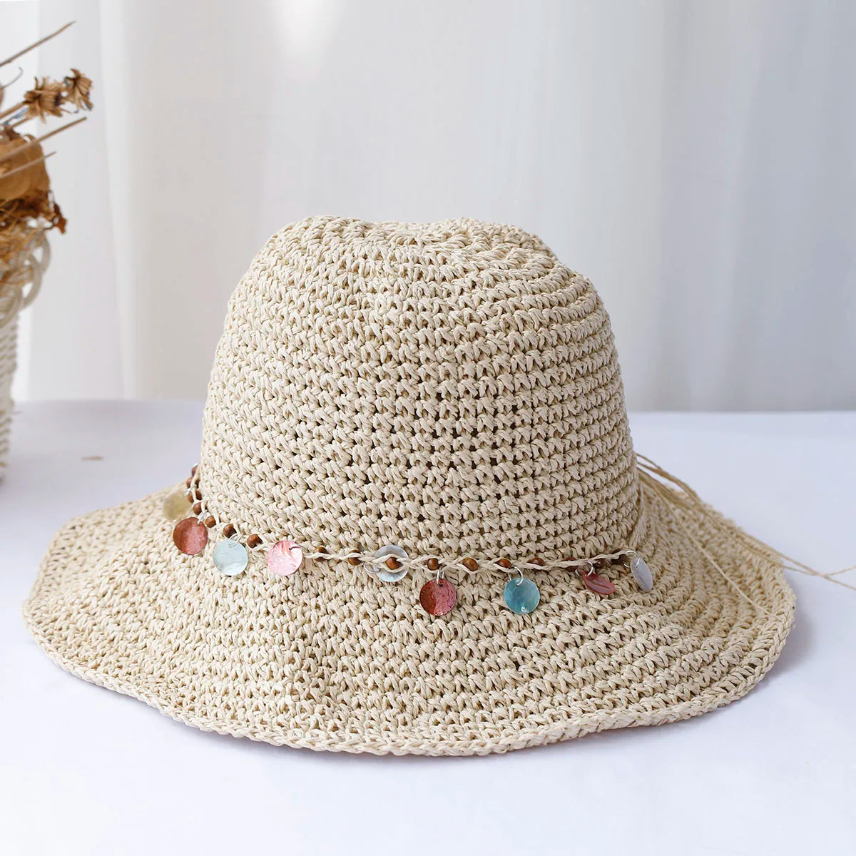Multicolor Crochet Foldable Straw Bucket Hat