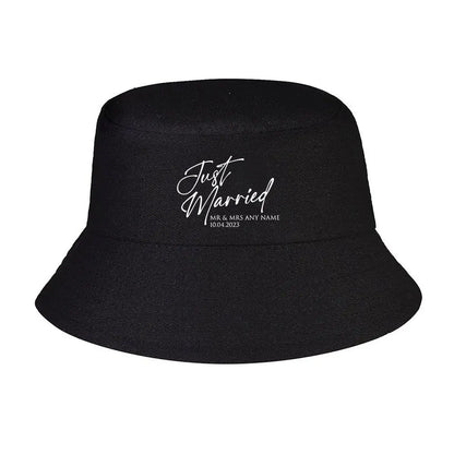 Dreamy Just Married Calligraphy Text Bucket Hat