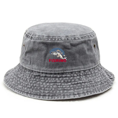 Vintage Washed Fish Logo Summer Bucket Hat