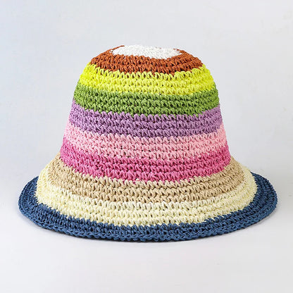 Summer Rainbow Striped Crochet Foldable Bucket Hat