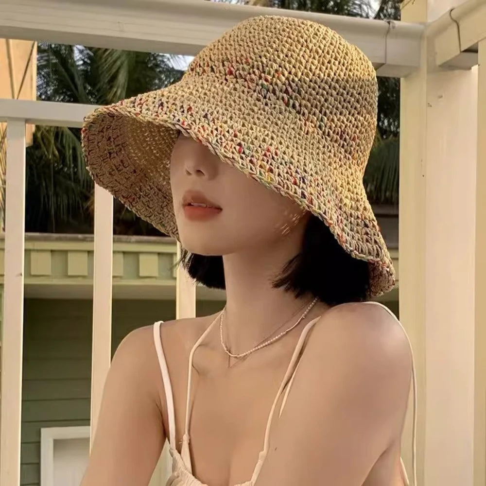 Rainbow Straw Wide Brim Beach Bucket Hat