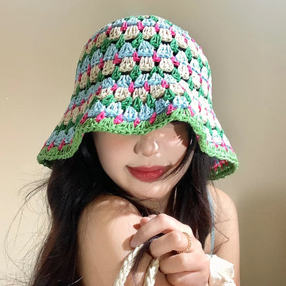 Colorful Dopamine French Hollow Straw Bucket Hat