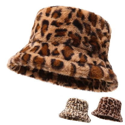 Leopard Print Plush Winter Fisherman Bucket Hat
