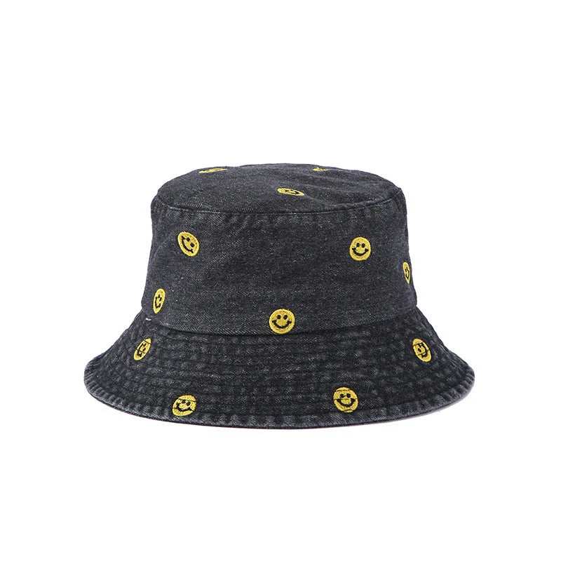 Cute Smiley Embroidered Washed Denim Summer Bucket Hat