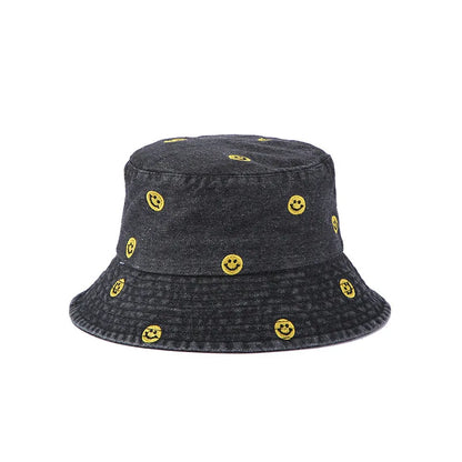 Cute Smiley Embroidered Washed Denim Summer Bucket Hat