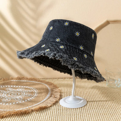 Daisy Embroidered Washed Denim Retro Summer Bucket Hat