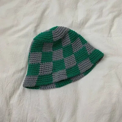 Korean Handmade Crochet Plaid Fisherman Bucket Hat