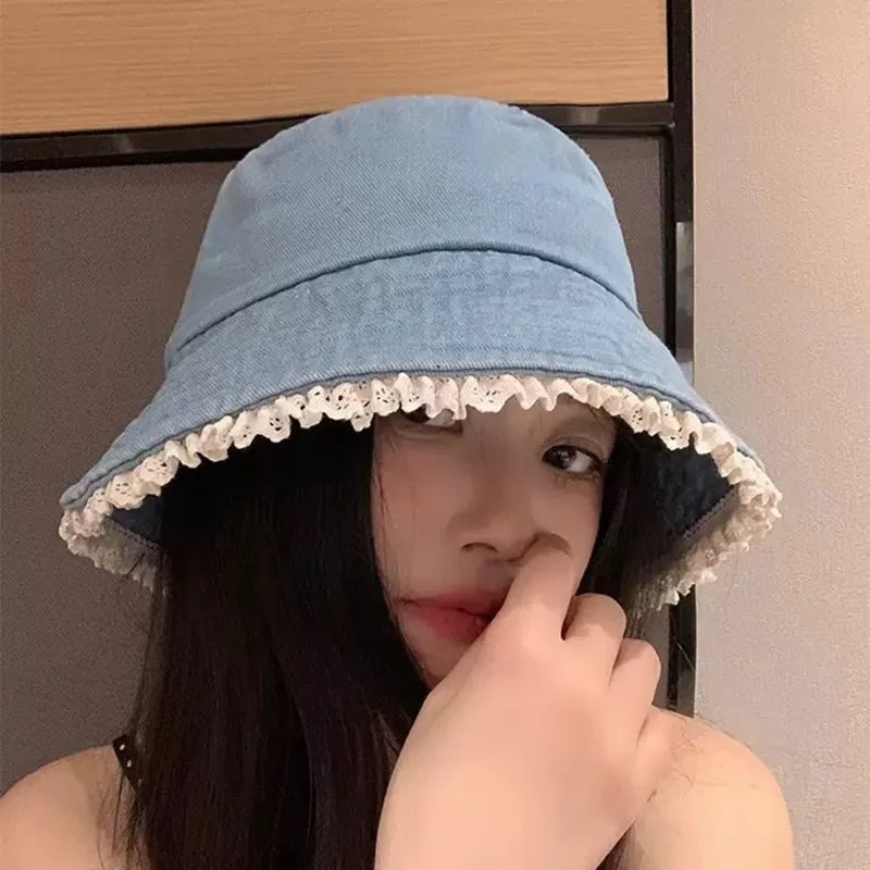 Lace Ruffle Denim Korean Wide Brim Bucket Hat