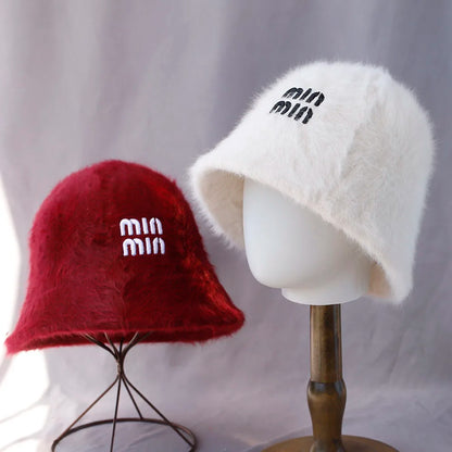 Plush Rabbit Fur Winter Bucket Hat for Women