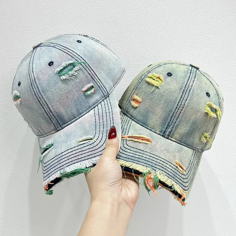 Korean Rainbow Cracked Denim Duck Tongue Baseball Cap