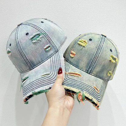 Korean Rainbow Cracked Denim Duck Tongue Baseball Cap