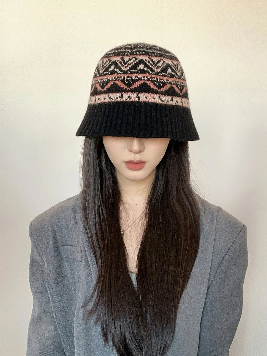 Vintage Fair Isle Knit Wool Bucket Hat