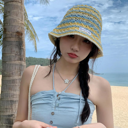Womens Korean Knitted Stripe Hollow Bucket Hat