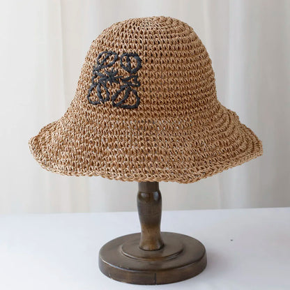 Handmade Letter Embroidery Straw Dome Bucket Hat