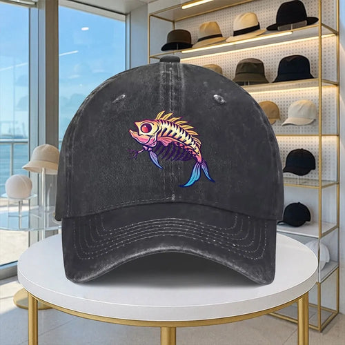 Cartoon Fishbone Washed Denim Print Baseball Cap