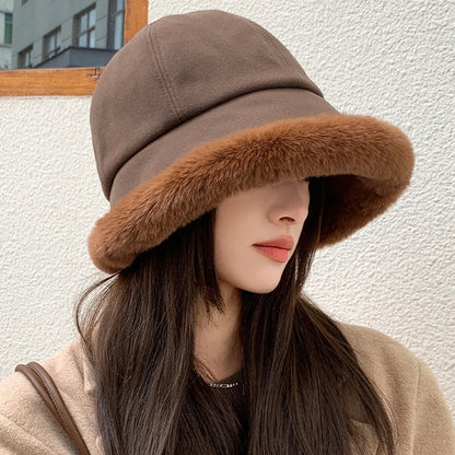 Fluffy Fur Bucket Hat Women Winter