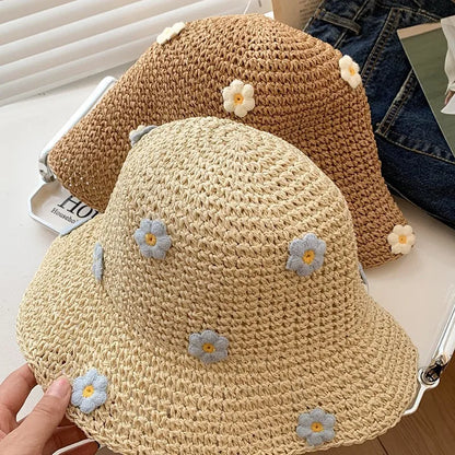 Woven Flower Straw Summer Bucket Hat