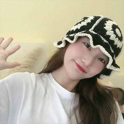 Korean Hollow Flower Knitted Bucket Hat