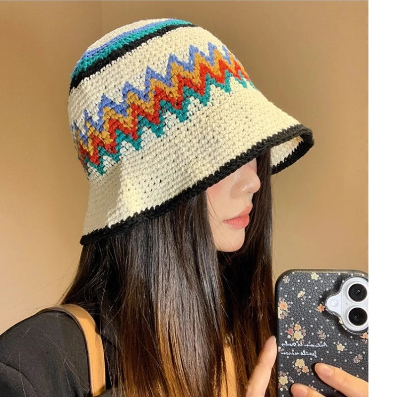Korean Color Matching Handwoven Wide Brim Knitted Bucket Hat