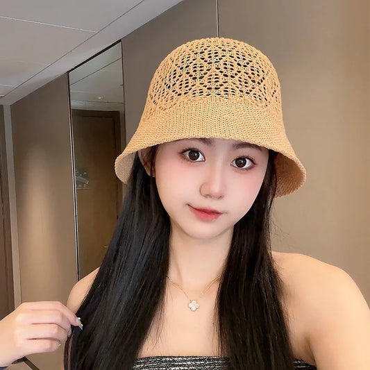 Women Hollow Straw Breathable Big Brim Bucket Hat