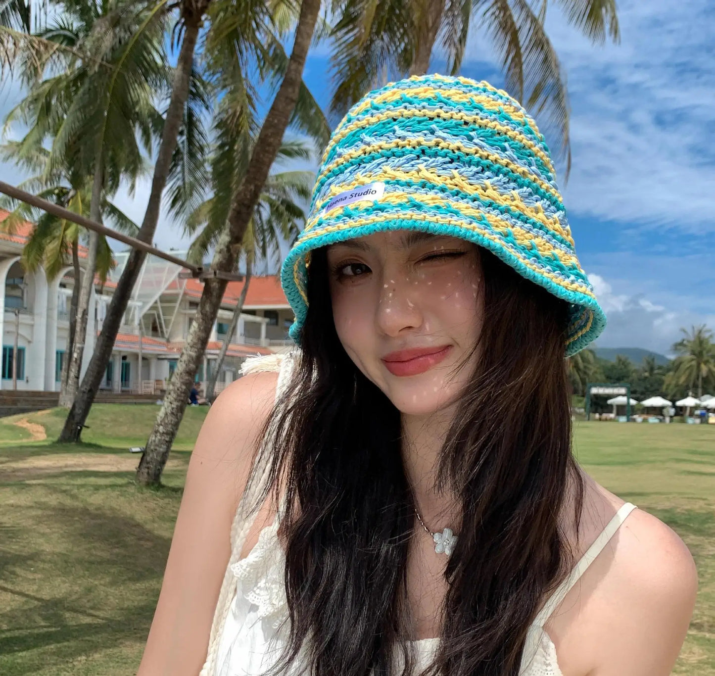 Womens Korean Knitted Stripe Hollow Bucket Hat