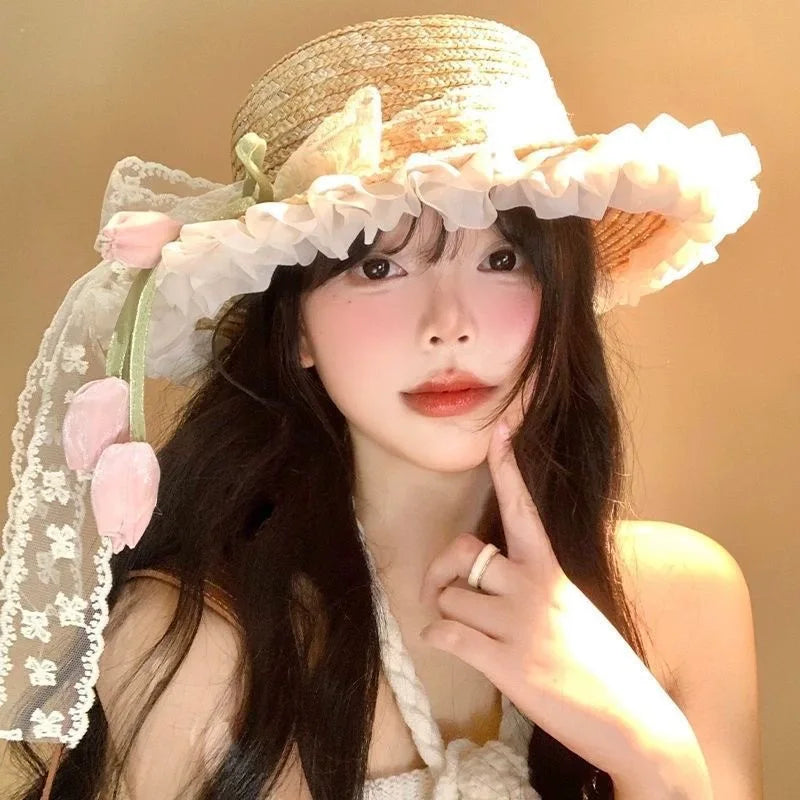 Womens Sun Protection Tulip Bow Grass Bucket Hat