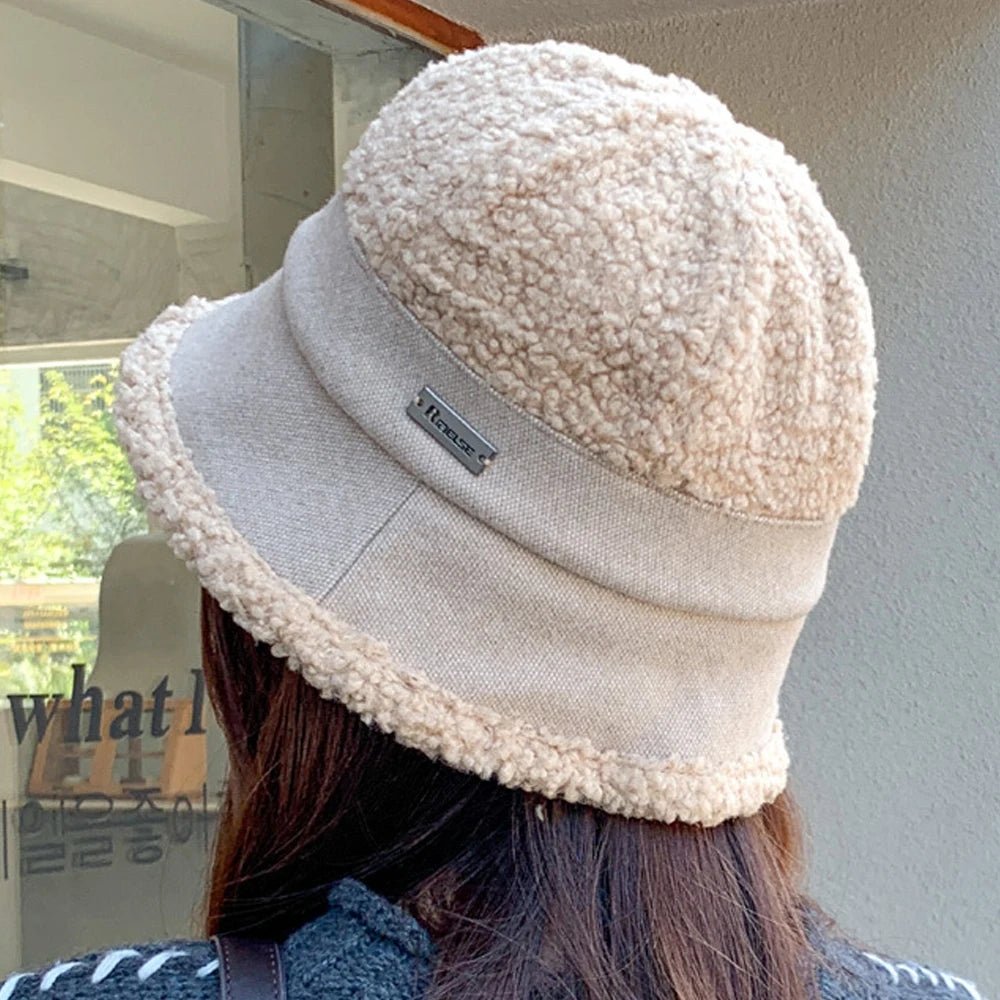 Autumn Winter Knitted Plush Warm Bucket Hat for Women